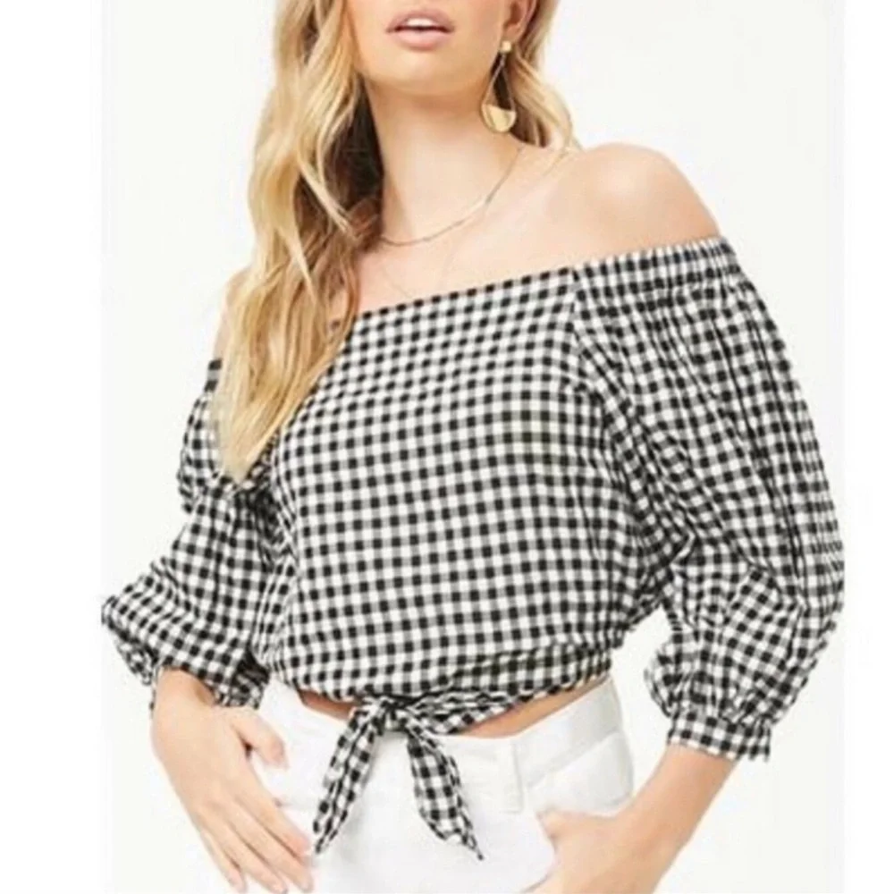 Forever 21 Cropped Buffalo Check Peasant Top w/Tie Front-Size Medium (NWT) - Picture 1 of 9